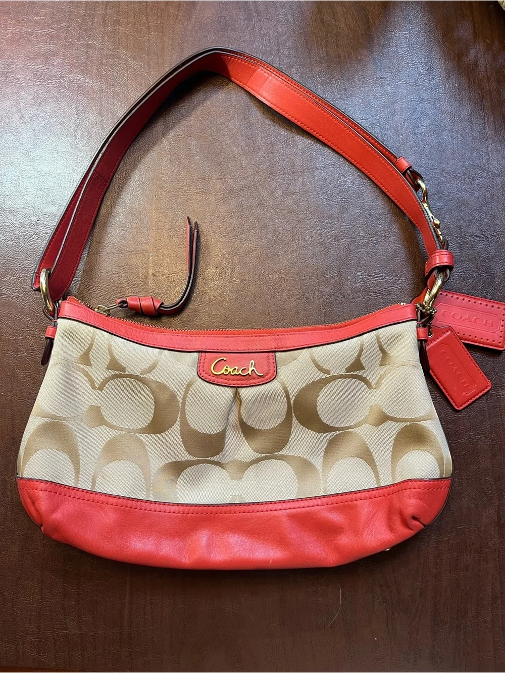 Coach Khaki Signature Canvas Shoulder Bag with Orange Trim